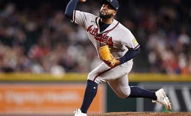 APRIL 02: Reynaldo López of the Atlanta Braves pitches against the Arizona Diamondbacks at Chase Field