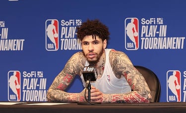 LaMelo Ball following the Hornets victory against the Miami Heat during the NBA Play-In Tournament on April 14 in Charlotte