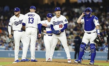 Dodgers Yoshinobu Yamamoto (18) is pulled from the mound during the 8th inning of a game vs. NY Mets in L.A. (apr.14/26)