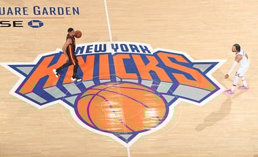 CJ McCollum & Jaylen Brunson during the Hawks and Knicks match-up in G1 (1st Round) of the 2026 NBA Playoffs in New York City