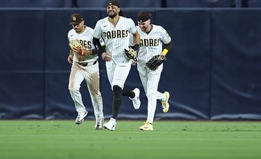 Ramón Laureano, Fernando Tatis Jr., Jackson Merrill (San Diego Padres) vs Seattle Mariners on 4/16/26 in San Diego