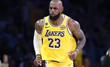 LeBron James celebrating during the Lakers game 1 victory over the Houston Rockets during the 2026 Playoffs (Los Angeles, CA)