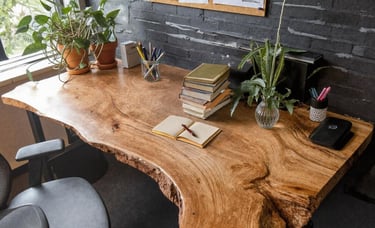 live-edge-desktop-slab-with-plants-and-books