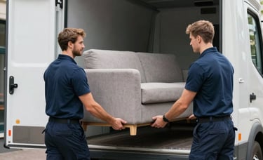 Two professional movers in navy blue uniforms carefully carrying a modern sofa into a moving truck. Northern European / Dutch urban setting, clean and efficient mood.
