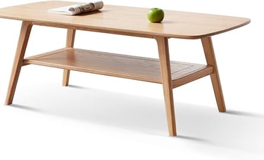 Solid Oak Wood Coffee Table – Double Storage Modern Bohemian Coffee Table for Living Room