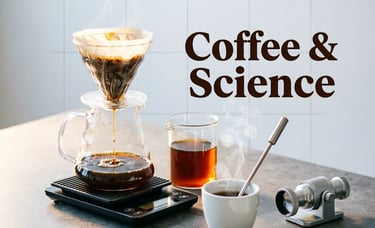 Glass pour-over coffee setup with scientific tools and “Coffee & Science” text.