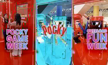 Collage of Pocky Connectopia event highlights featuring the red booth, game UI, and happy participan