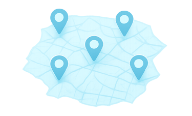 A light blue translucent map silhouette of a city area with location pins