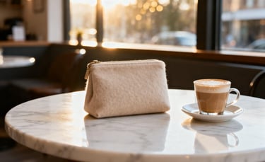 A lifestyle photo of "The Cashmere Edit" cosmetic pouch on a chic café table.