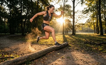 a woman running on a log log in the woods