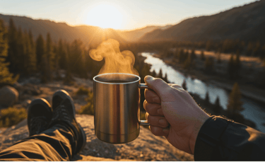 camper enjoying morning coffee on top of mountain side