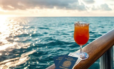 Drink colorido ao lado de passaportes sobre a barra da varanda de um navio, com o mar ao fundo.