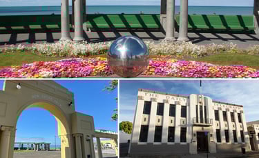Arco colorido de Napier e jardins floridos ao longo da Marine Parade, com vista para o mar.