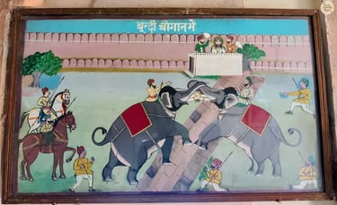 Historic elephant combat painting from Sukh Mahal, showcasing Bundi’s royal art style.