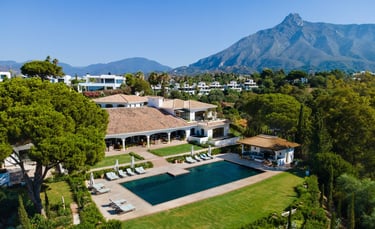 Aerial view of Villa La Gratitud with La Concha backdrop
