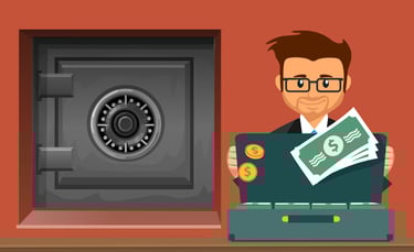animated cartoon guy with briefcase of money and gold coins and safe in background