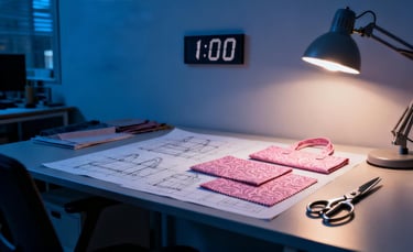 A design desk is lit late at night, with a clock pointing to 1:00 AM, symbolizing relentless effort.