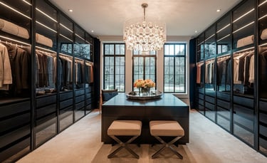 a large closet with a chandelier and a chandelier