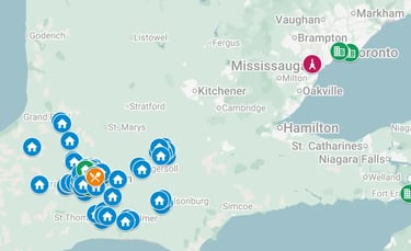Custom Google Map showing competed carpet installation projects by Master Carpet across Ontario.