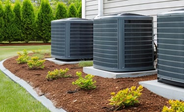 Photo with three Heat Pumps installed with nice and clean outdoor area aside of a property