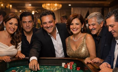 a group of smiling hispanic people playing craps
