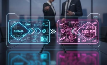 Two business professionals in an office setting view a futuristic digital display comparing "Signal"