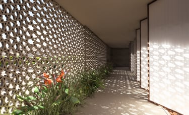 Mashrabiya corridor of Etihad House proposal showcasing traditional ventilation and filtered light