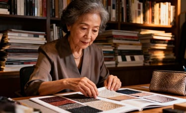 The human element: an experienced designer inspecting fabric and material swatches.