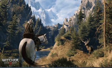 image of geralt horse riding through mountains witcher 3