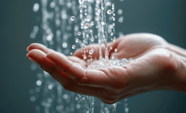 a person holding a hand held out in front of a shower