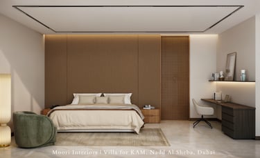 Soft Luxe Minimalism bedroom featuring a large bed with neutral bedding and a wooden accent wall