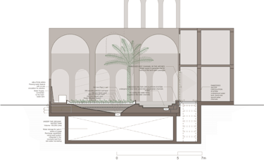 Section of Etihad House courtyard showing passive cooling and water circulation system.