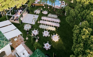 Aerial view of Villa El Rincon in Marbella during a luxury seaside destination wedding with Mediterranean scenery