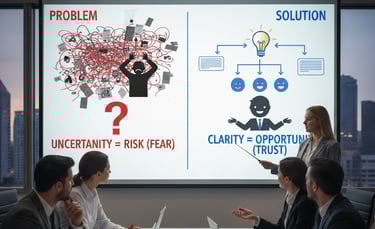 give photo Investor psychology behind problem and solution slides in a VC pitch deck.