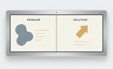 Tactical design layout of problem and solution slides in a VC pitch deck, showing clear hierarchy, s