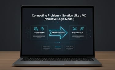 A laptop screen displaying a business infographic titled "Connecting Problem → Solution Like a VC" u