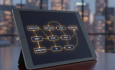 A professional digital display showing a structured sequence of pitch deck slides, symbolizing a ven