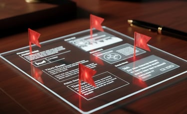 Holographic glass tablet on a wooden desk displaying data charts and four glowing red flags.