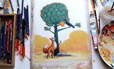 Photo d'une illustration en cours de réalisation sur le thème du cordeau et du renard de Jean de la fontaine