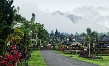 Traditional Balinese architecture at Besakih Temple surrounded by lush mountain scenery