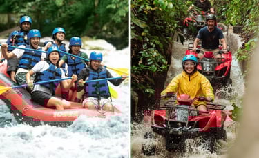 a group of people riding on four wheelers in a river