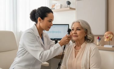 fonoaudióloga vestindo jaleco branco atende e examina orelha de senhora com otoscópio em consultório