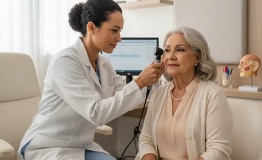 fonoaudióloga vestindo jaleco branco atende e examina orelha de senhora com otoscópio em consultório