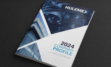 Copertina company profile Hulemex 2024 con edificio industriale e dettagli meccanici coordinati.