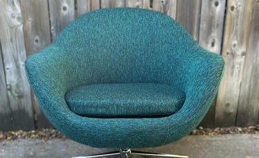 MCM Overman style egg chair reupholstered in blue tweed fabric - Toronto Upholstery