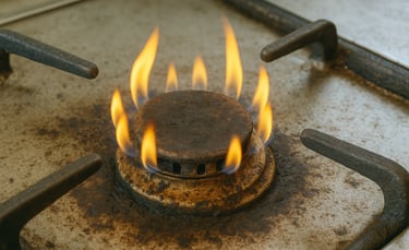 Close-up of dirty gas burner with yellow flame on bright greasy stovetop – gas burner repair Ottawa