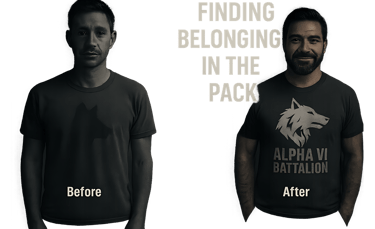 Before and after military transition graphic showing veteran finding belonging in patriotic apparel 