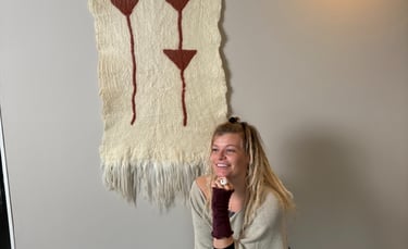 wool wall hanging felted tapestry women sitting on chair tribal pattern