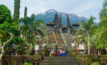 Stone stairways leading up to Besakih Temple complex on the sacred slopes of Mount Agung