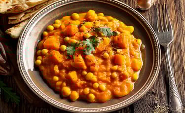 a bowl of kumro chola and naan bread